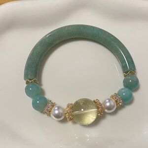Natural Green Amazonite Half-Bangle Bracelet | Freshwater Pearl & Citrine Accent